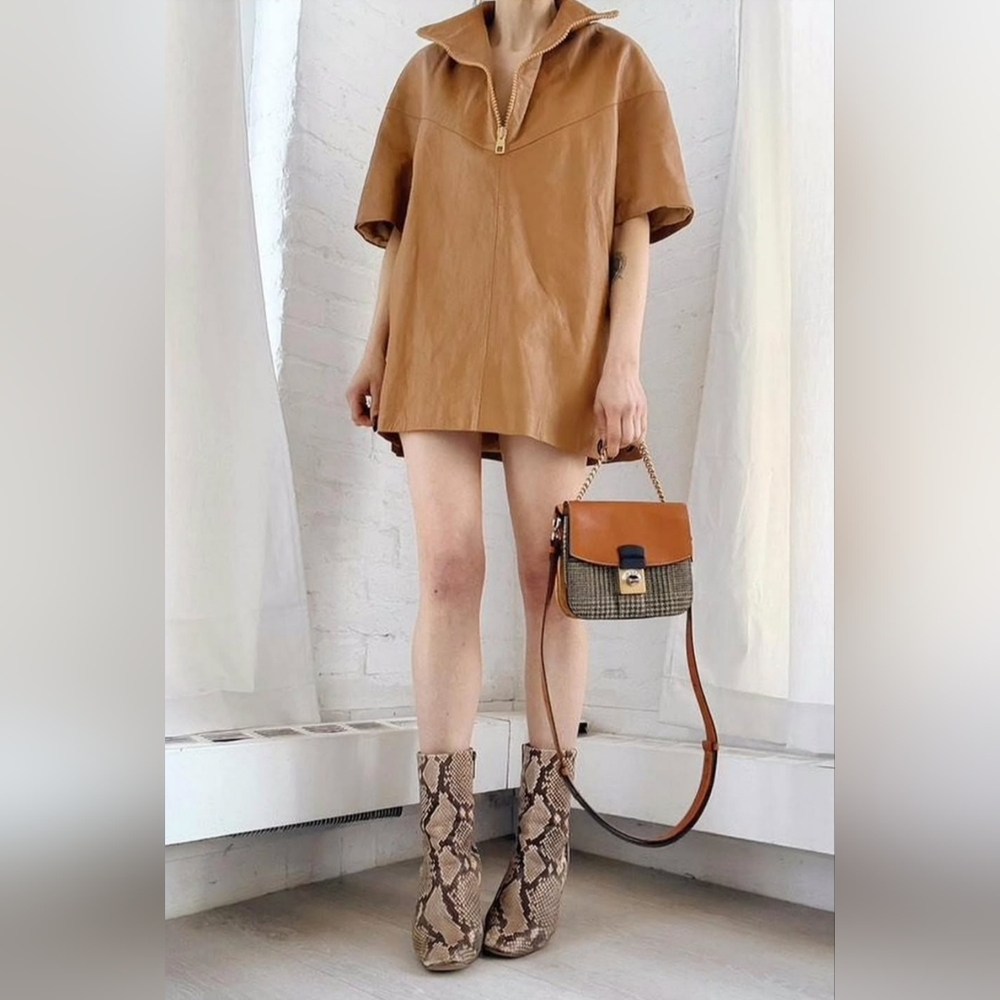 Tan Leather Short Sleeve Funnel Neck Mini Dress